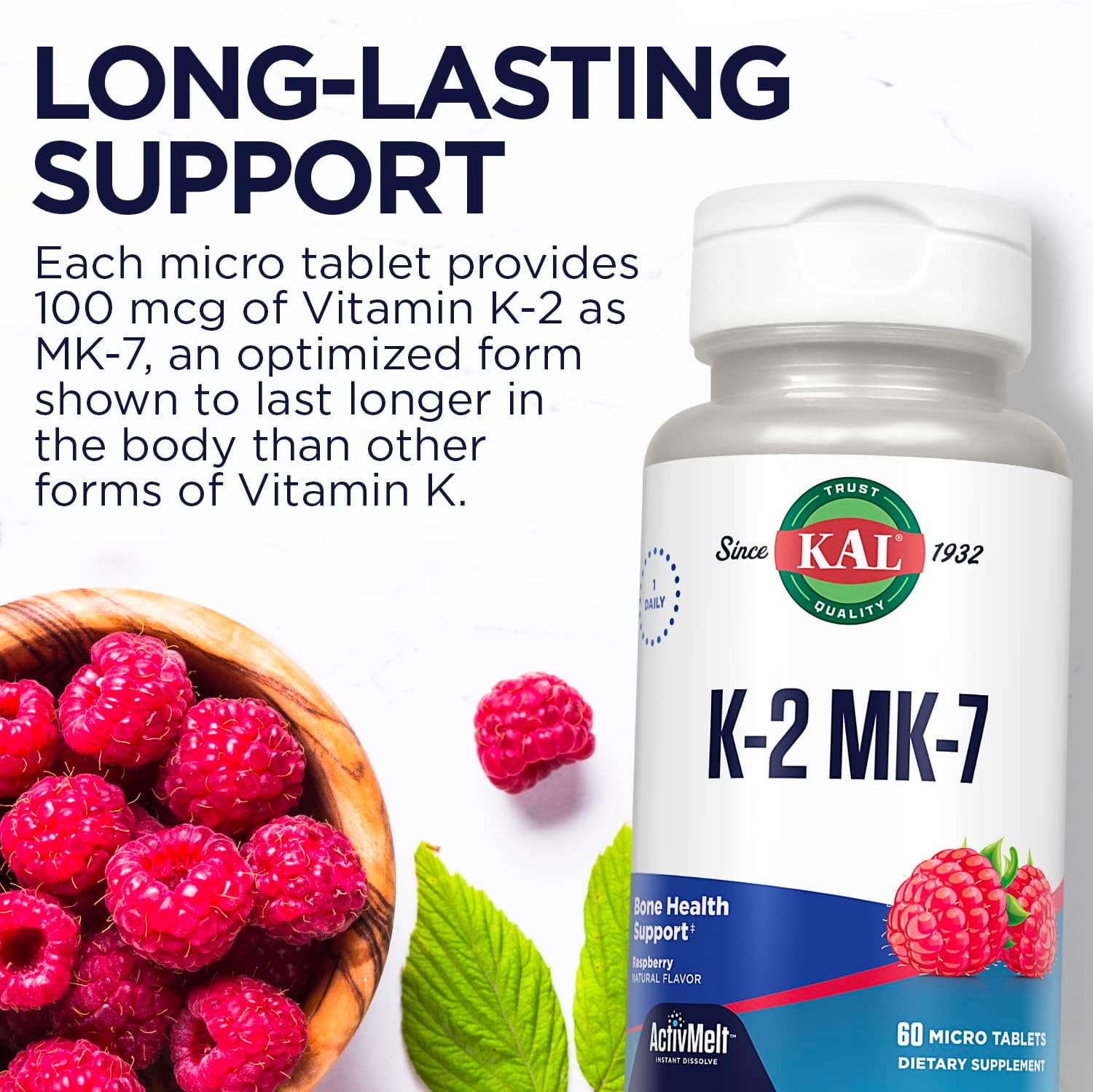 KAL Vitamin K2 MK7 ActivMelt 100 mcg, Vitamin K Supplement as Superior K2 MK7, Bone Health, Heart and Artery Health Support, Natural Raspberry Flavor, Vegan, Gluten Free, 60 Servings, 60 Micro Tablets : Health & Household