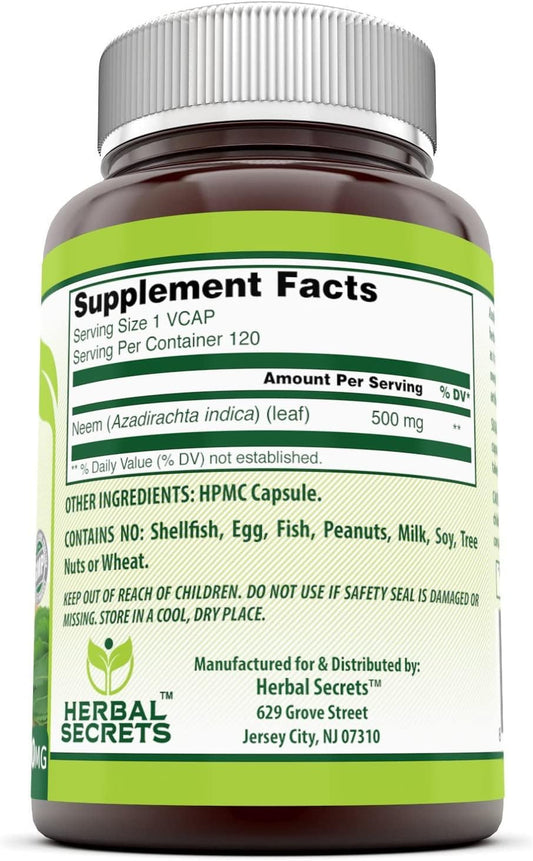 Herbal Secrets Neem Supplement (Non-Gmo) Promotes Blood Purification, Promotes Healthy Immunity And Promotes Health Skin* (500Mg Veggie Capsules, 120 Count (2 Pack))