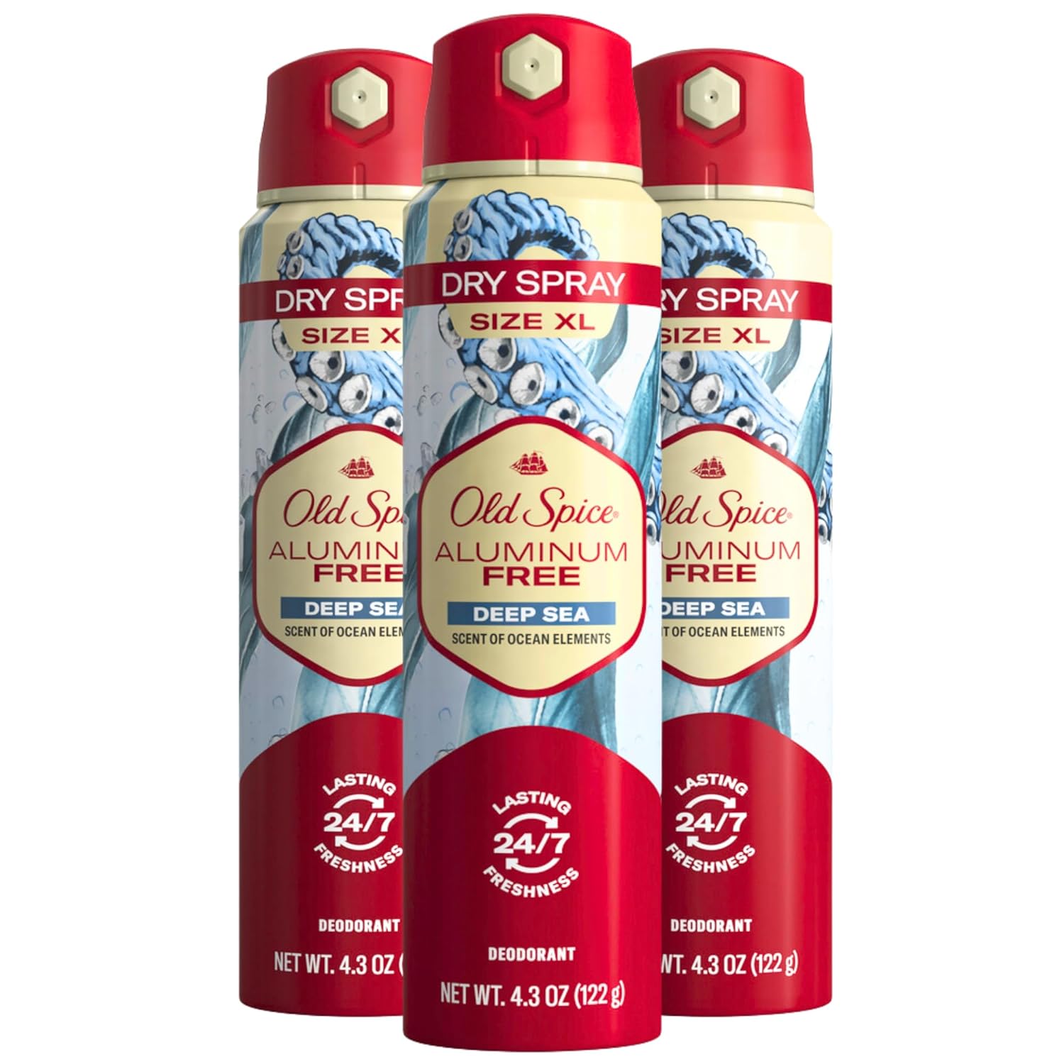 Old Spice Men's Aluminum Free Deodorant Dry Body Spray, Deep Sea, 24/7 Odor Protection, 4.3oz (Pack of 3)
