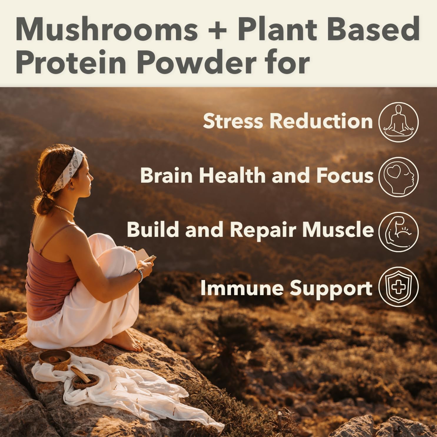 PlantFusion Mushroom Protein Powder - 3 in 1 Vegan Protein Powder, Mushroom Supplement, and Adaptogen Supplement - Support Mental Focus, Immunity, and Recovery - Vanilla 1lb