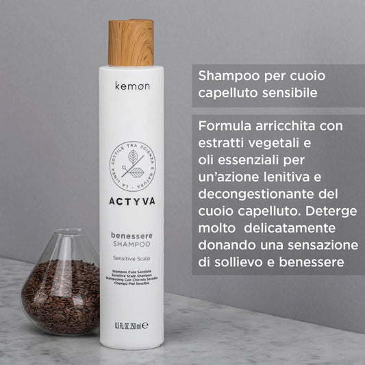 Kemon Actyva Benessere Shampoo - Moisturising Hair Wash For Scalp Care, Mild Hair Care For Sensitive Scalp, 250 Ml