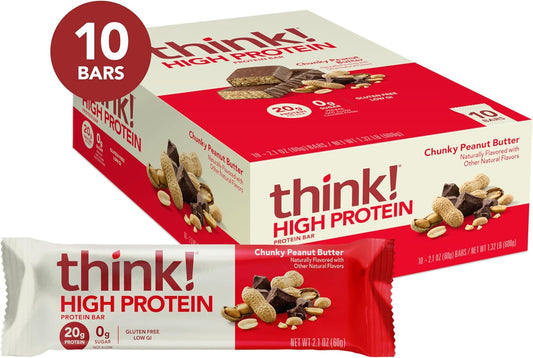 Think! Protein Bars, High Protein Snacks, Gluten Free, Kosher Friendly, Chunky Peanut Butter, Nutrition Bars, 2.1 Oz Per Bar, 10 Count (Packaging May Vary)