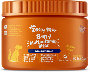 Zesty Paws Multivitamin Treats For Dogs - Glucosamine Chondroitin For Joint Support + Digestive Enzymes & Probiotics - Grain Free Dog Vitamin For Skin & Coat + Immune Health - 50 Count