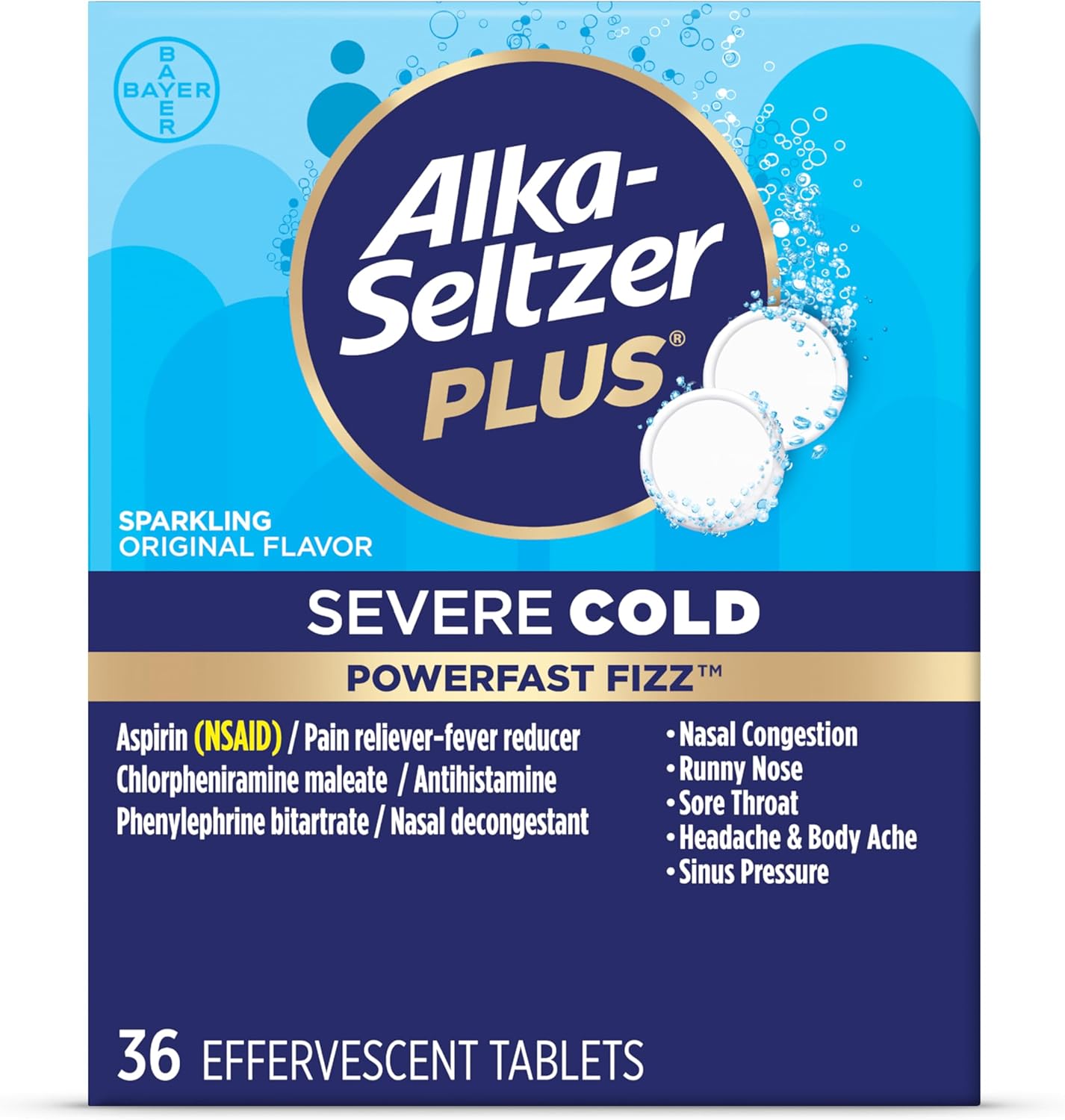 Alka-Seltzer Plus Severe Cold - Sparkling Original Powerfast Fizz Effervescent Common Cold Tablets, Sinus Congestion, Runny Nose, and Dry Cough, 36CT, Packaging May Vary