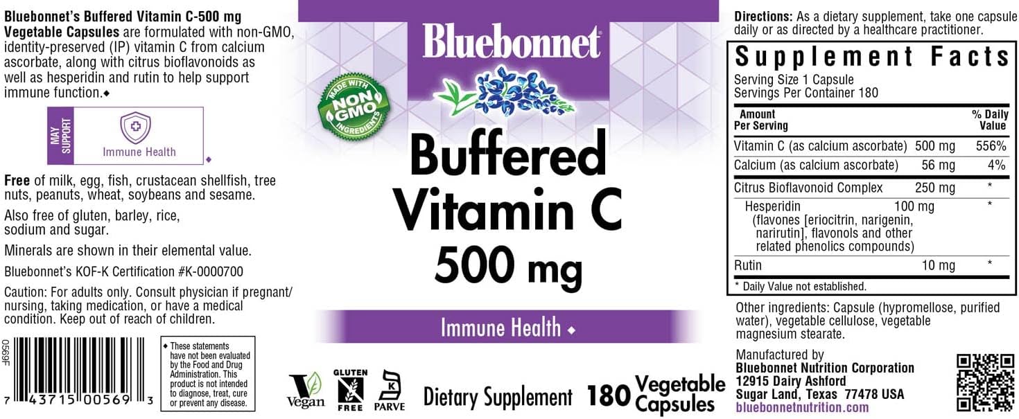 Bluebonnet Nutrition Buffered Vitamin C-500 Mg Vegetable Capsules, Buffered Calcium Ascorbate, For Immune Health, Soy Free, Gluten Free, Non-Gmo, Kosher, Dairy Free, Vegan, 180 Vegetable Capsules ('743715005693)