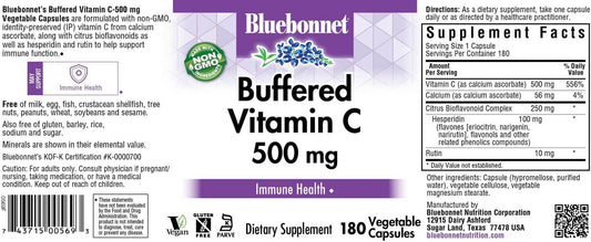 Bluebonnet Nutrition Buffered Vitamin C-500 Mg Vegetable Capsules, Buffered Calcium Ascorbate, For Immune Health, Soy Free, Gluten Free, Non-Gmo, Kosher, Dairy Free, Vegan, 180 Vegetable Capsules ('743715005693)