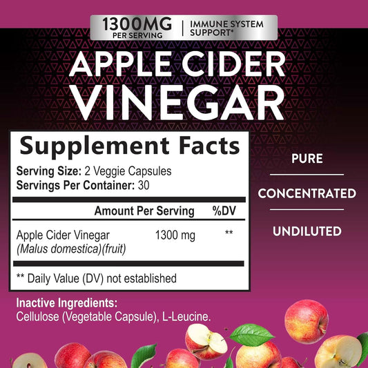 Apple Cider Vinegar Capsules for Detox & Cleanse, ACV Capsules with Digestion & Immune Support - Extra Strength - 1300 mg per Capsule, Gluten & Sugar Free, Non-GMO Supplement - 60 Vegetarian Pills