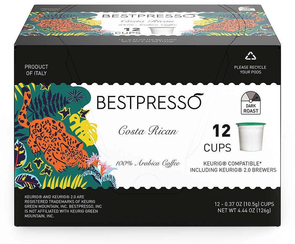 Bestpresso Coffee, Costa Rican Dark Roast Single Serve K-Cup Pods, 96 Count (Compatible With 2.0 Keurig Brewers) 8 Packs Of 12 Cups
