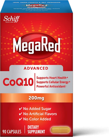 CoQ10 200mg (per serving) ? MegaRed Advanced Capsules (90 count in a box), Helps Support Heart Health and Cellular Energy*, Antioxidant, Protects Against Free Radicals*, No Added Color or Sugar