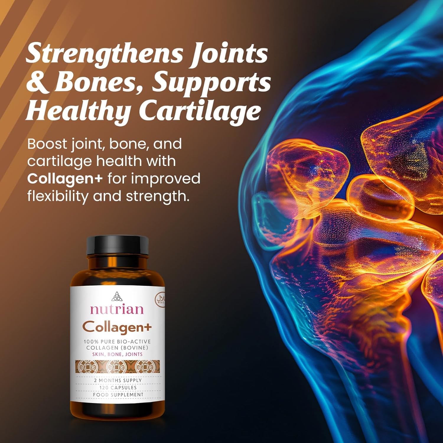 Nutrian 100% Pure Bio-Active Bovine Collagen 1200Mg - 120 Capsules - Supports Skin, Bones & Joints - 2-Month Supply - Natural, Halal Collagen Supplements For Women And Men