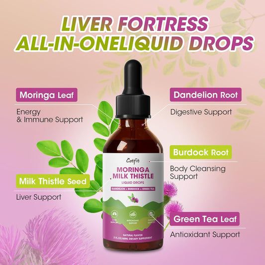 Milk Thistle Drops With Moringa - Milk Thistle Extract Liquid For Liver Cleanse Detox & Repair, Immune Support, Antioxidant Blend With Burdock, Green Tea & Dandelion - Vegan, Apple Flavor, 2 Fl Oz