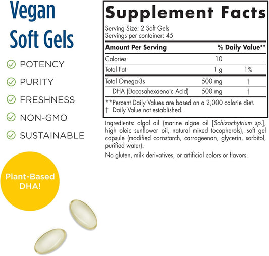 Nordic Naturals Algae DHA - 90 Soft Gels - 500 mg Omega-3 DHA - Certified Vegan Algae Oil - Plant-Based DHA - Brain, Eye & Nervous System Support - Non-GMO - 45 Servings