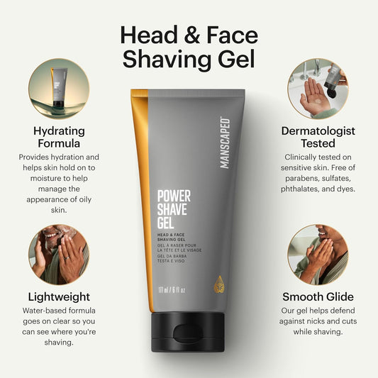Manscaped® Power Shave Gel, Men'S Soothing Head & Face Shaving Gel, With Witch Hazel & Gentle Liquid Exfoliants To Help Defend Against Irritation, Ingrown Hairs & Razor Bumps, 6 Fl Oz