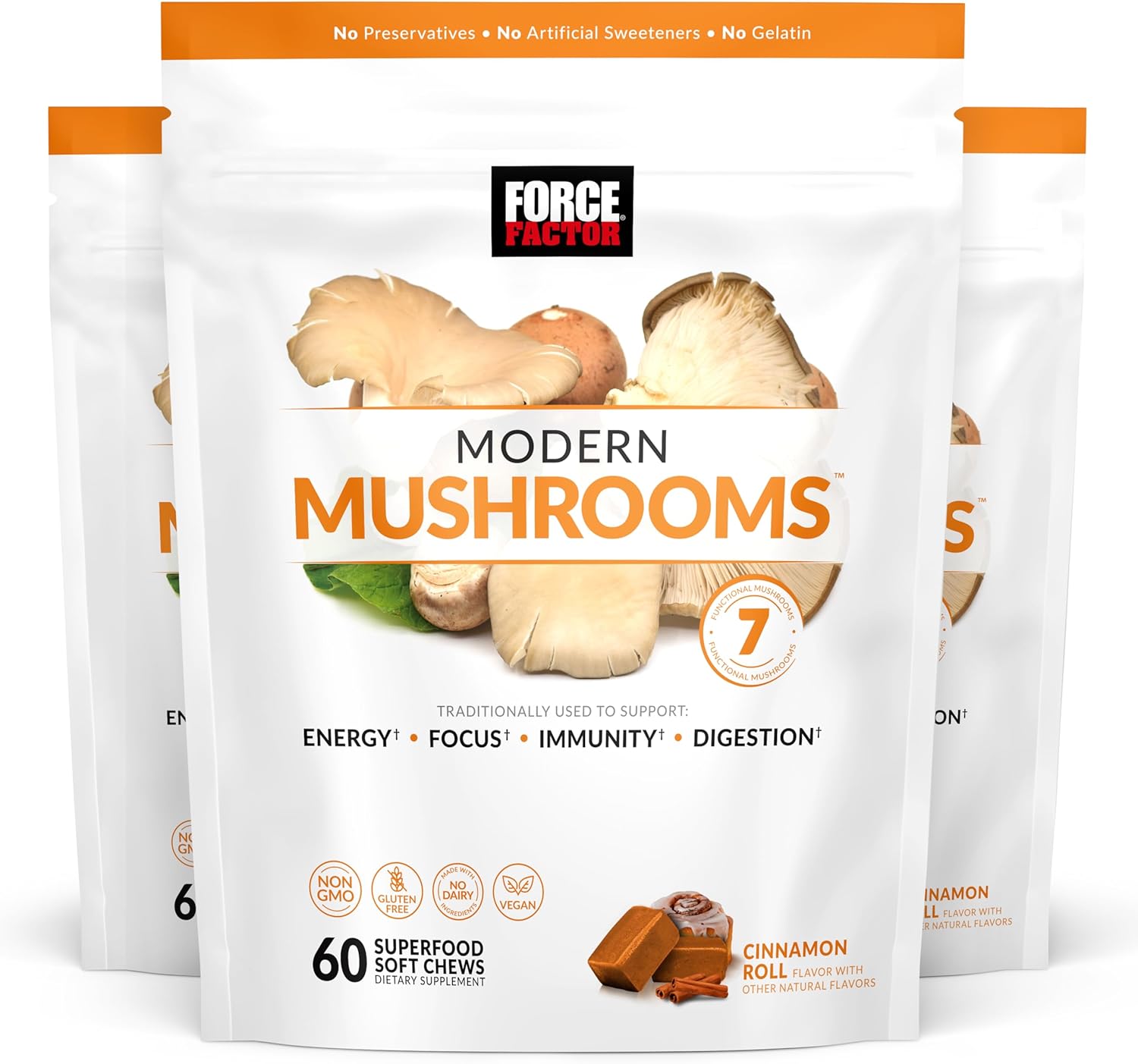 Force Factor Modern Mushrooms Soft Chews, Mushroom Supplement With Lions Mane, Turkey Tail, & Cordyceps To Support Energy, Immunity, & Digestion, Cinnamon Roll, 180 Soft Chews, 3-Pack
