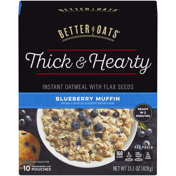 Post Better Oats Thick & Hearty Whole Grain Instant Oatmeal with Flax Seeds, Blueberry Muffin flavor, 15.1 Ounce Box, Pack of 6