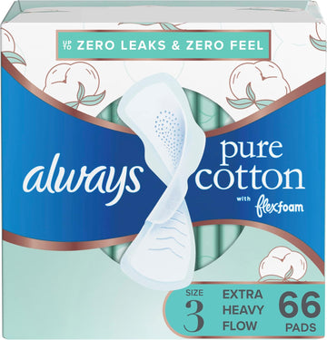 Always Pure Cotton Feminine Pads For Women, Size 3, Extra Heavy Flow, With Wings, Unscented, Free Of Dyes, Fragrances, And Chlorine Bleaching, 22 Count X 3 Packs (66 Count Total)
