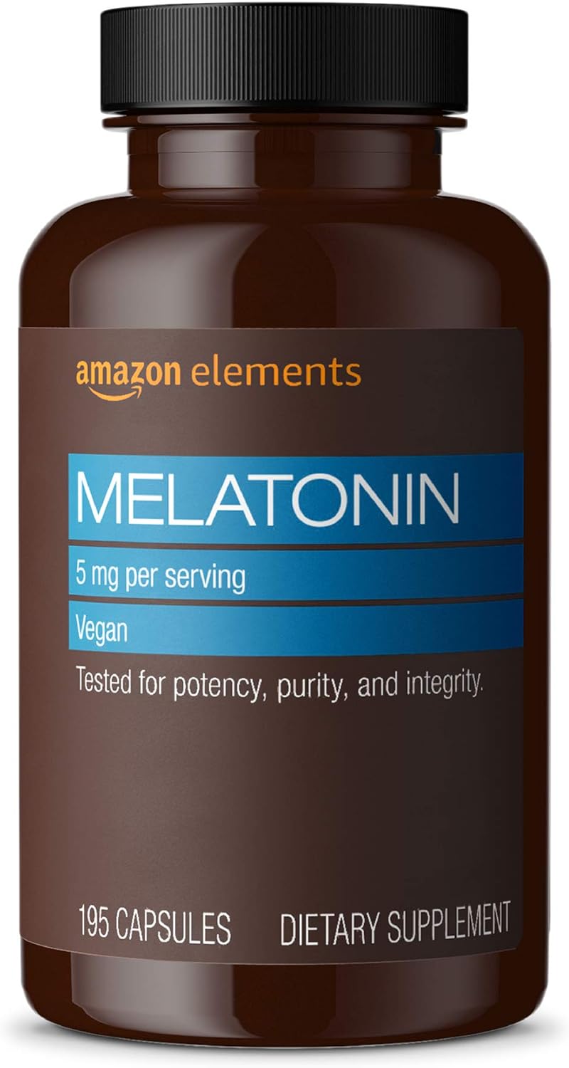 Amazon Elements - Melatonin 5Mg Capsules, Helps With Occasional Sleeplessness, Vegan, Unflavored, 195 Count (Pack Of 1), 6 Month Supply (Packaging May Vary)
