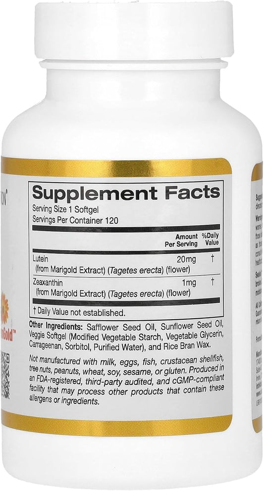 Lutein With Zeaxanthin, Extracted From Marigold Flowers, Supports Overall Macular Health, Non Gmo, Soy Free, Gluten Free, 20 Mg, 120 Veggie Softgels