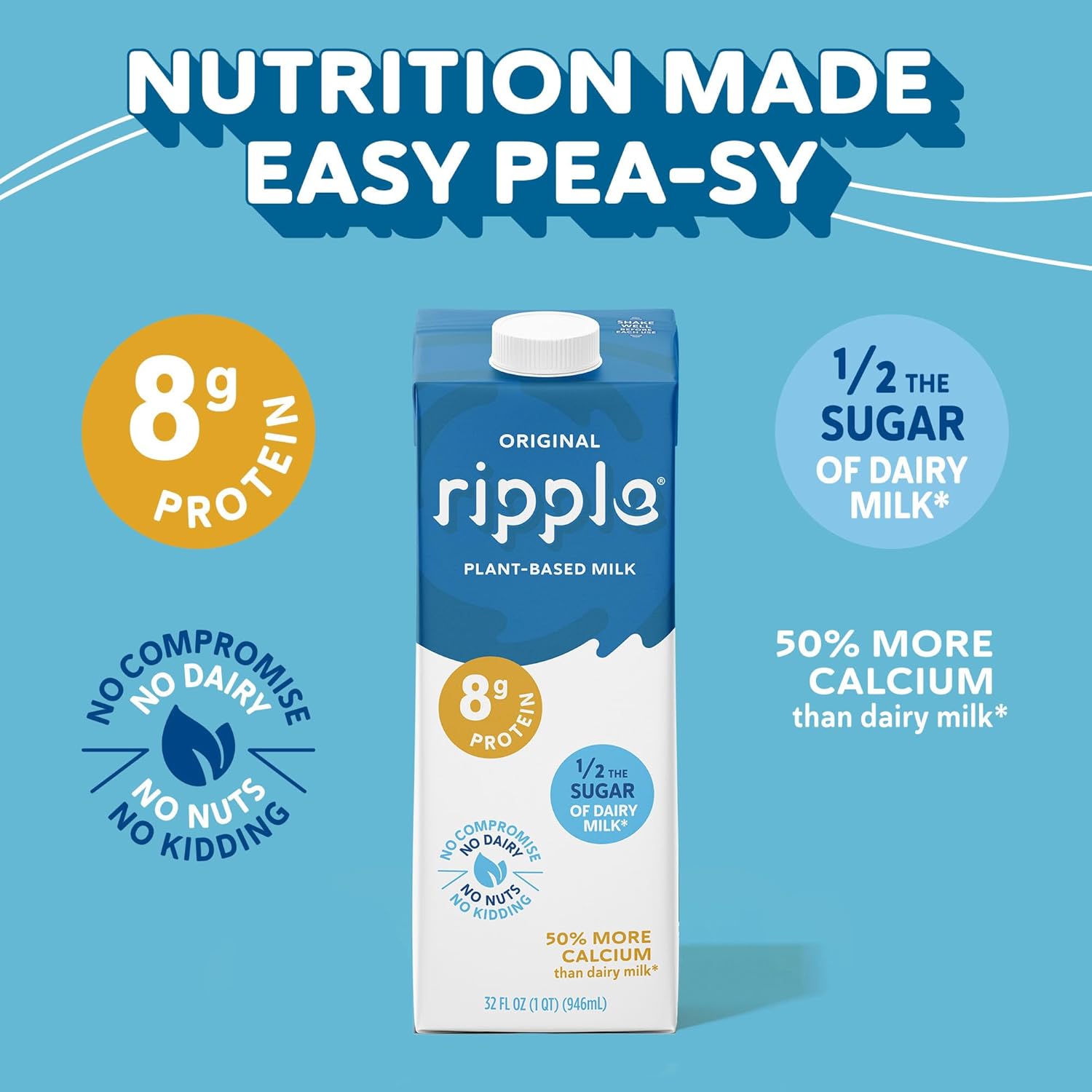 Ripple Original Plant Based Milk | 8G Of Quality Sourced Pea Protein, Calcium Rich | Shelf Stable | Vegan & Non Gmo Certified | Dairy, Soy, Nut, Gluten, & Lactose Free | 32 Fl Oz Cartons (Pack Of 6)