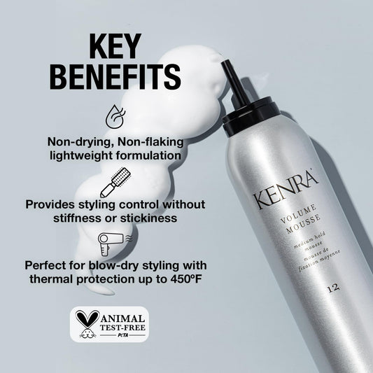 Kenra Volume Mousse 12 | Medium Hold Mousse | Non-Drying, Non-Flaking Lightweight Formulation |Styling Control Without Stiffness Or Stickiness | Tames Frizz & Conditions | All Hair Types | 8 oz