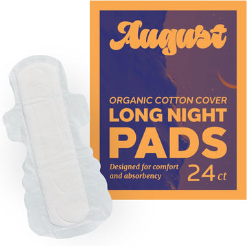 August Overnight Pad with Wings, Overnight Pads for Women and Anyone Who Menstruates, 24 Long Pads with Compostable Wrappers, Toxin Free, Fragrance Free, and Hypoallergenic