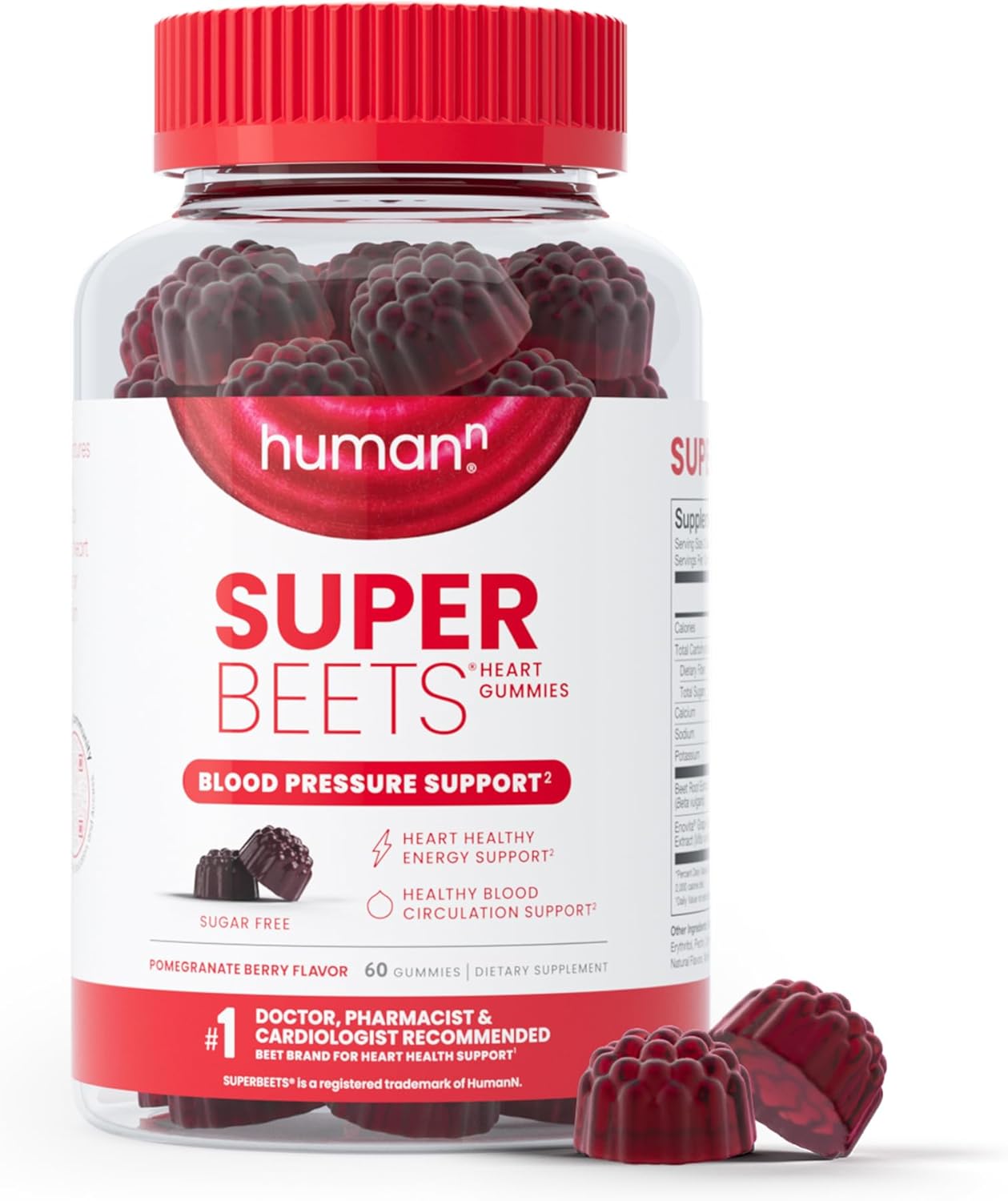 Humann Superbeets Heart Gummies - Heart-Healthy Energy, Grape Seed Extract & Beet Root Powder - Sugar Free - Pomegranate Berry Flavor, 60 Count