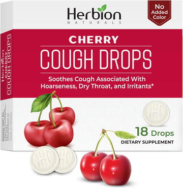 Herbion Naturals Cough Drops with Natural Cherry Flavor, Dietary Supplement, Soothes Cough, For Adults and Children over 6 years, 18 Drops, No Artificial Flavor, No Added Color