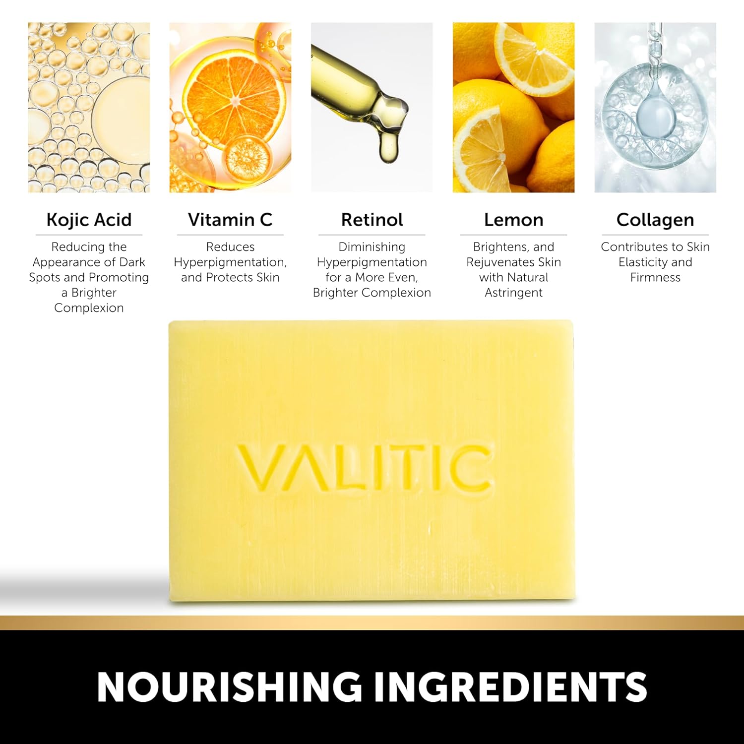 VALITIC Brightening Lemon and Turmeric Kojic Acid Soap - Vitamin C, Retinol - Original Japanese Complex with Hyaluronic Acid, Vitamin E, Shea Butter, Castile Olive Oil - 3 Pack and African Net Sponge : Beauty & Personal Care