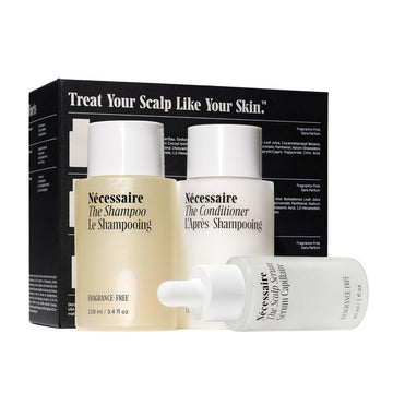 Nécessaire The Hair Essentials. 3-Step System For Fuller, Thicker, Healthier Hair. The Scalp Serum, The Shampoo + The Conditioner. Fragrance-Free. Approved By The National Eczema Association