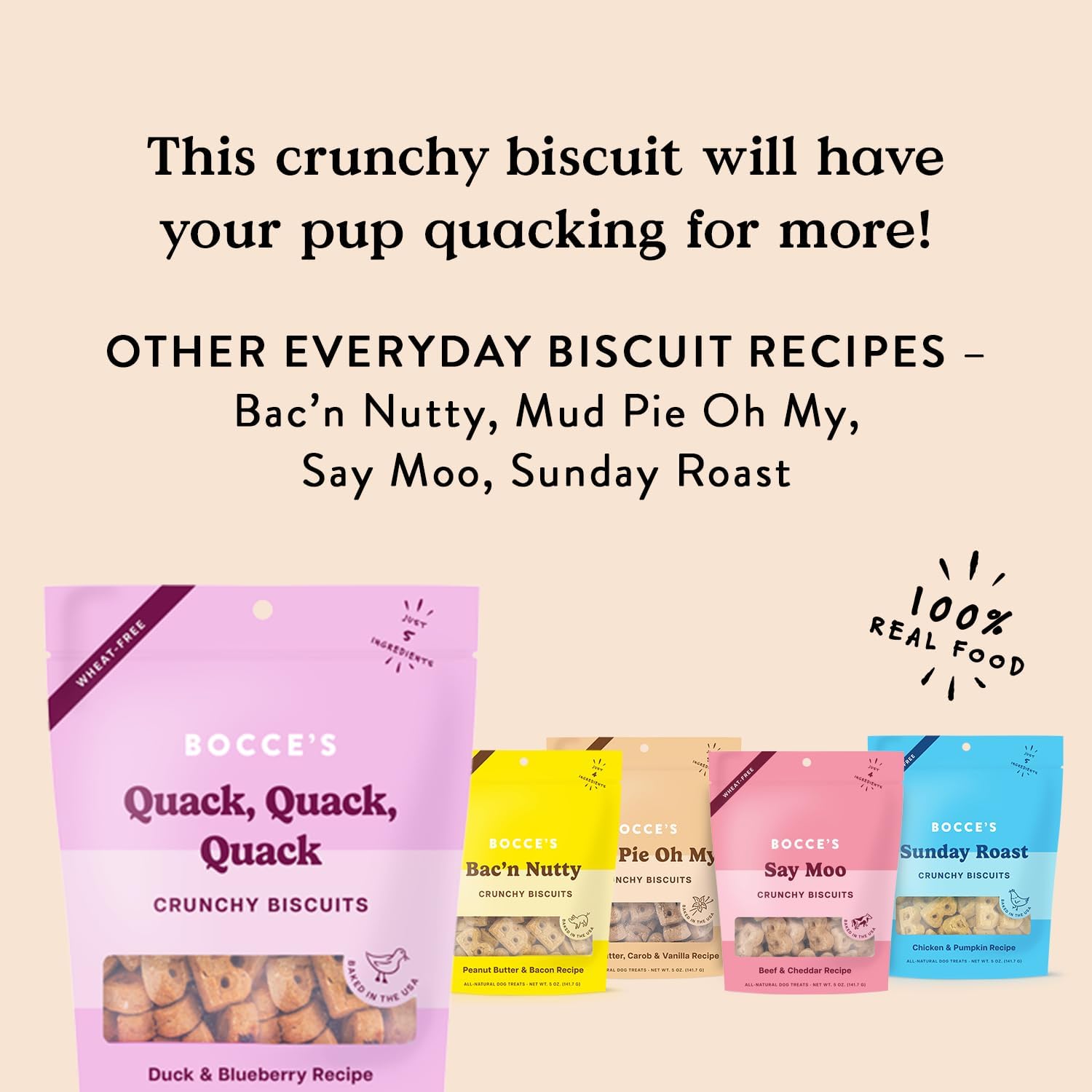 Bocce's Bakery Oven Baked Quack, Quack Treats for Dogs, Everyday Wheat-Free Dog Treats, Made with Real Ingredients, in The USA, All-Natural Duck & Blueberry Biscuits, 5 oz : Pet Supplies
