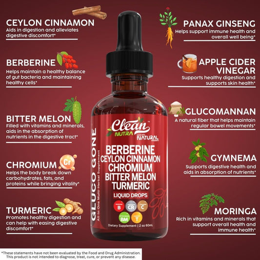 Organic Ceylon Cinnamon Berberine Liquid Drops Supplement With Bitter Melon Extract, Glucomannan, Gymnema, Chromium, Turmeric, Organic Panax Ginseng, Apple Cider Vinegar, Moringa Powder Vegetarian