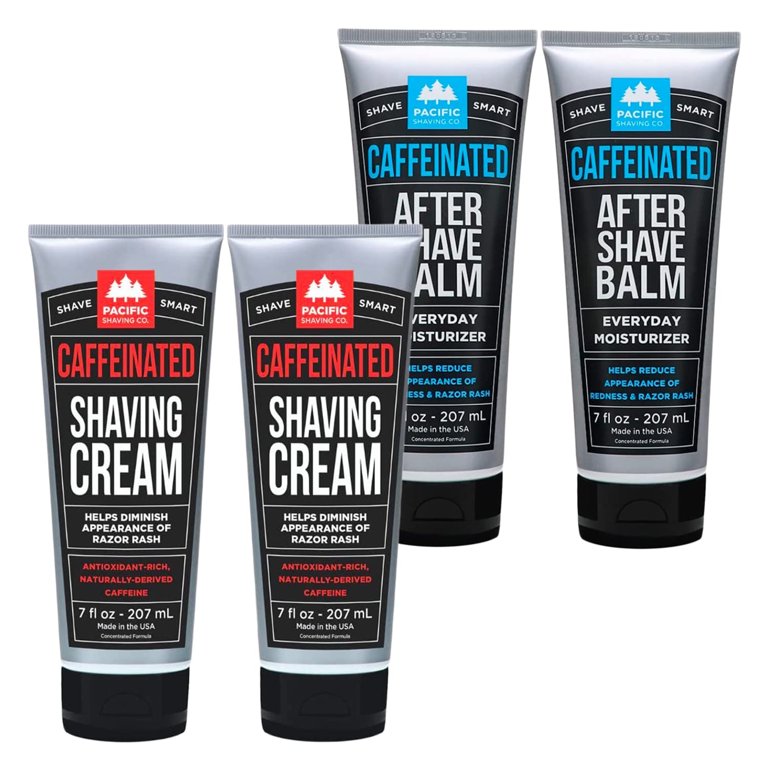 Pacific Shaving Company Caffeinated Shaving Cream & Aftershave Set - Shave Kit For Men - Antioxidant + Caffeine Enriched Shave Cream + Aftershave Lotion (7 Oz, 2X Each)