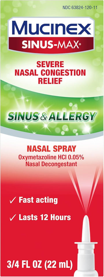 Mucinex Sinus-Max Oxymetazoline Nasal Spray Decongestant,12 Hour Over-The-Counter Medication Nose Spray For Sinus Relief, Nasal Decongestants For Adults, Allergy Congestion Relief, 0.75 Fl Oz
