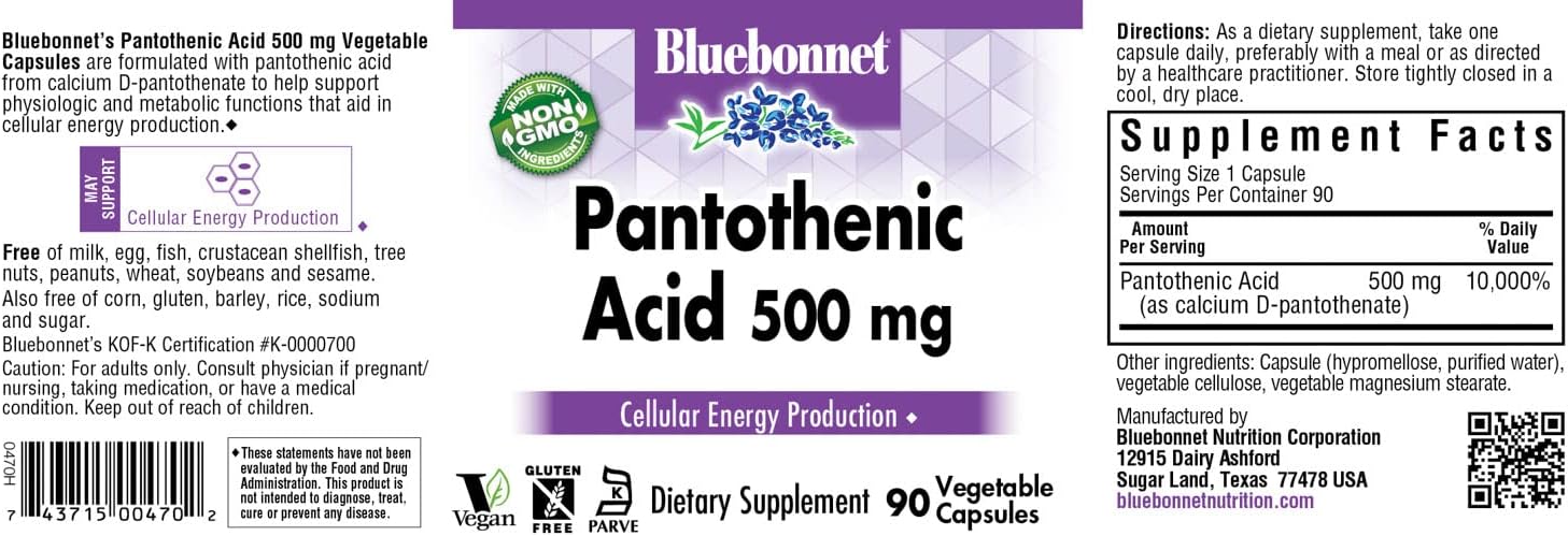 Bluebonnet Pantothenic Acid 500 Mg Vegetable Capsules, 90 Count