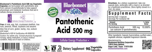 Bluebonnet Pantothenic Acid 500 Mg Vegetable Capsules, 90 Count
