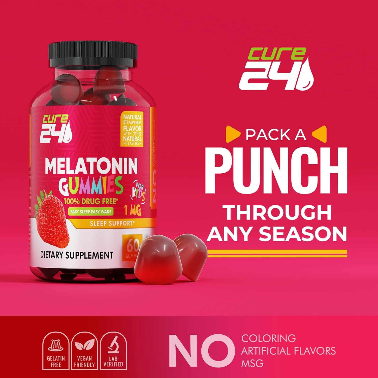 Cure24 Kids Melatonin Gummy, Effective 1Mg Sleep Gummies Supplement For Children 3+, Drug-Free, Natural Fruity Strawberry Flavor, Made In Usa : Health & Household