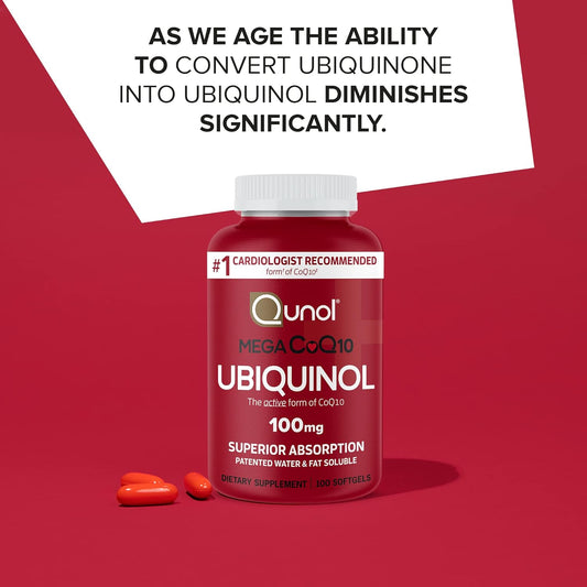 Qunol Mega Ubiquinol 100Mg Coq10, Superior Absorption, Patented Water And Fat Soluble Natural Supplement Form Of Coenzyme Q10, Antioxidant For Heart Health, 100 Count Softgels
