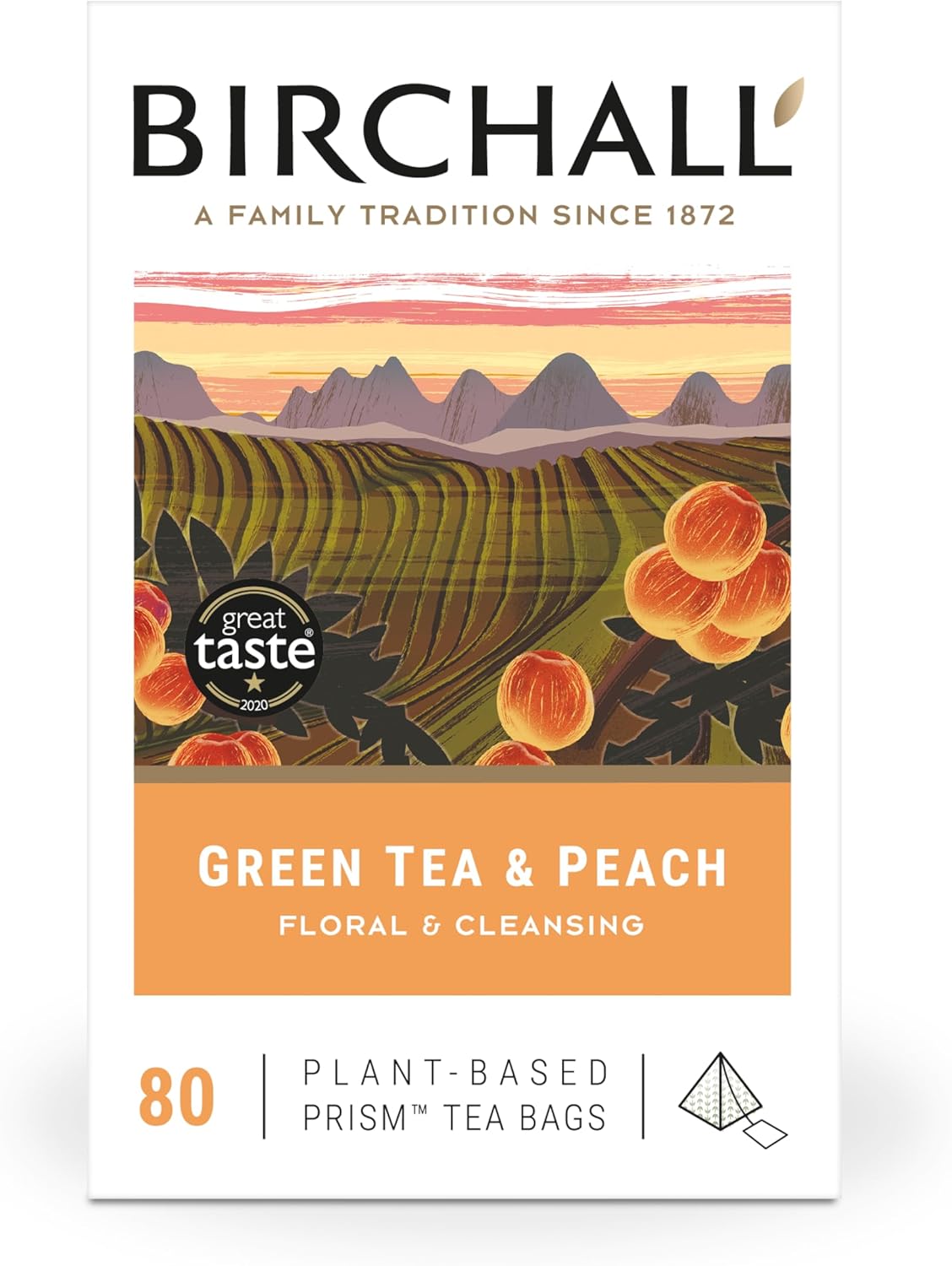 Birchall Tea | Green Tea & Peach | Green Tea Infusion | 1 Pack Of 80 Plant-Based Prism Tea Bags