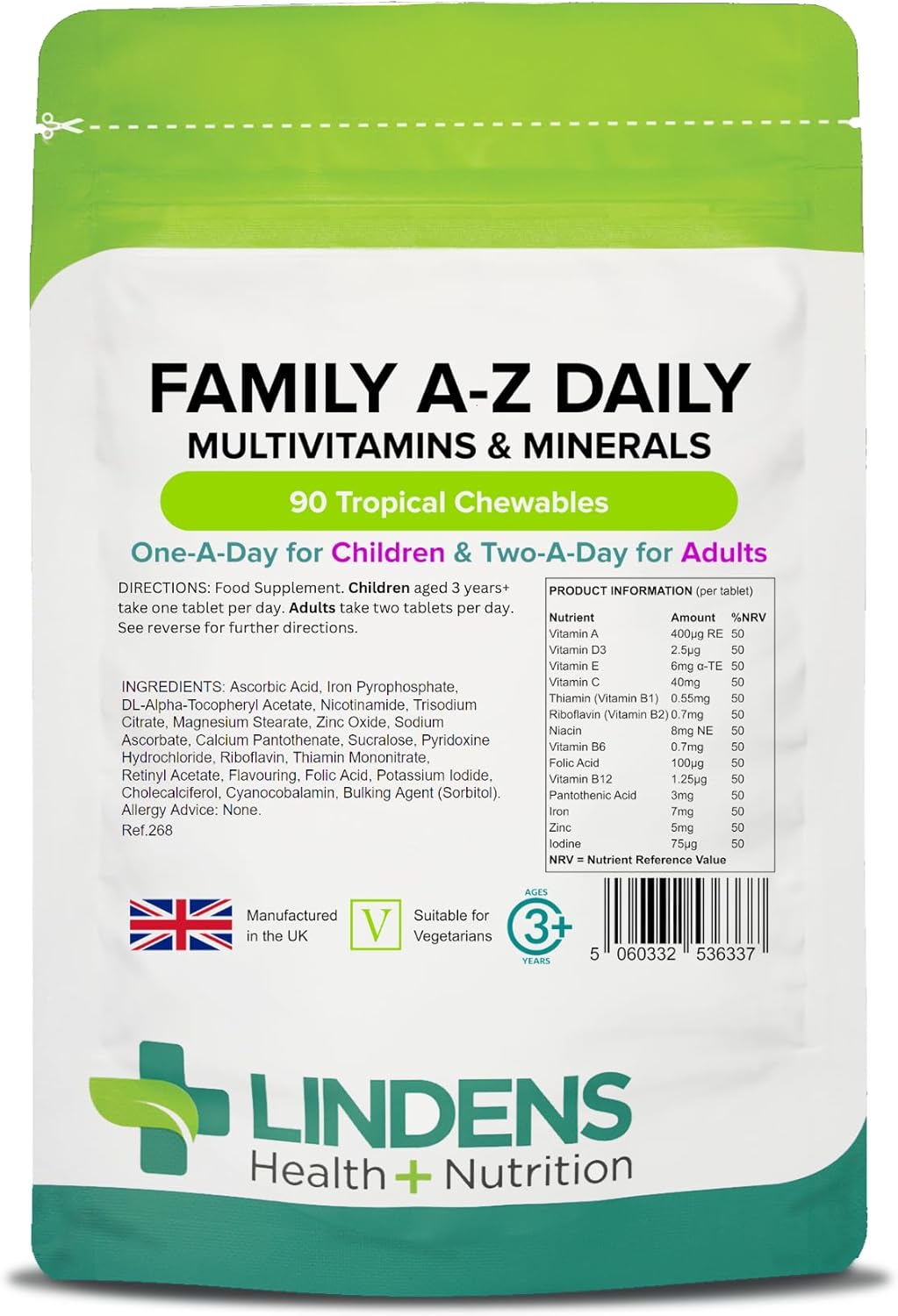 Lindens - Family A-Z Daily Multivitamins And Minerals - 90 Chewables For Adults And Children - Uk Made - Tropical Flavour - Healthy Growth, Development & Immune System - Letterbox Friendly, Vegan