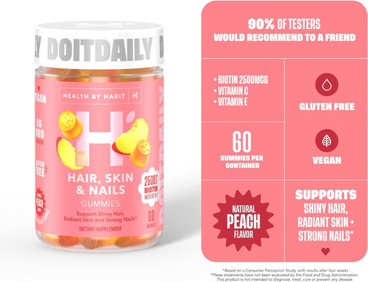 Health By Habit Hair, Skin and Nails Supplement (60 Gummies) - 2500mcg Biotin, Vitamin C, Vitamin E, Strong Nails, Peach Flavor, Vegan, Gluten Free, Non-GMO