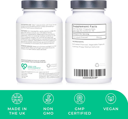 High Strength Activated Charcoal Capsules | 334Mg Per Capsule (Not Tablets) | 3 Month Supply | For Bloating Relief, Gas, Digestion, Flatulence, Detox | 100% Coconut Charcoal