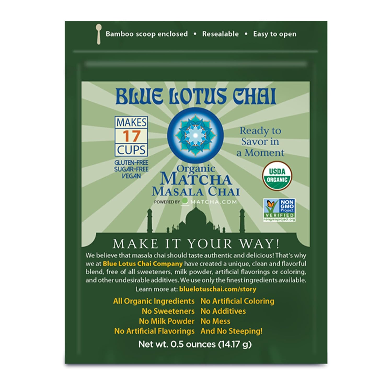 Blue Lotus Chai Tea - Organic Matcha Masala Chai - Makes 17 Cups - 0.5 Ounce Masala Spiced Chai Powder With Organic Spices - Instant Indian Tea No Steeping - No Gluten