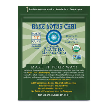 Blue Lotus Chai Tea - Organic Matcha Masala Chai - Makes 17 Cups - 0.5 Ounce Masala Spiced Chai Powder With Organic Spices - Instant Indian Tea No Steeping - No Gluten