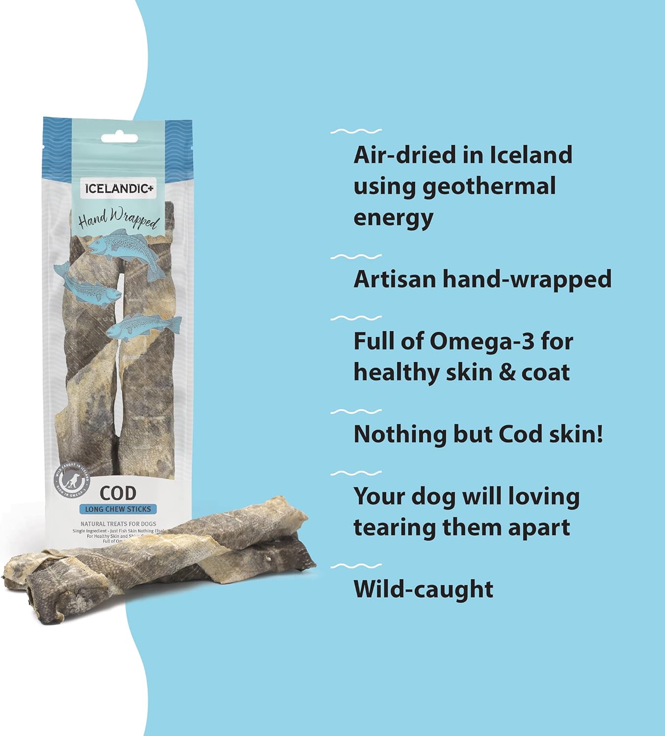 Icelandic+ Cod Skin 10" Long Hand Wrapped Dog Chew Stick, 2-Pack, 3.2-oz Bag