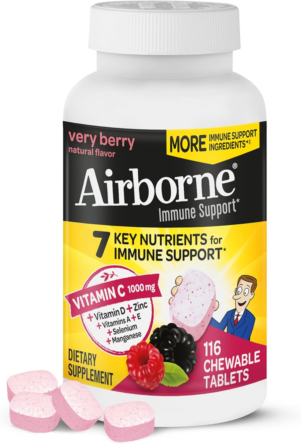 Airborne Vitamin C 1000Mg (Per Serving) - Very Berry Chewable Tablets (116 Count In A Bottle), Gluten-Free Immune Support Supplement, With Vitamins A C E, Zinc, Selenium, Ginger, Antioxidants