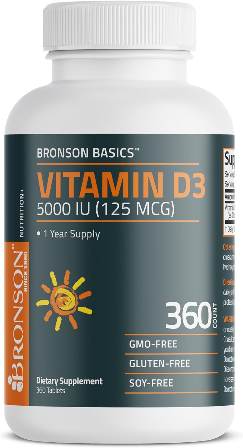 Bronson Vitamin D3 5,000 IU (125 MCG) 1 Year Supply for Healthy Muscle Function and Immune Support, Non-GMO, 360 Tablets : Health & Household