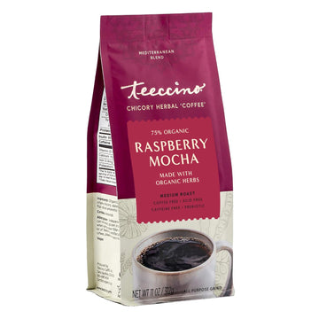 Teeccino Raspberry Mocha Chicory Coffee Alternative - Ground Herbal Coffee That’S Prebiotic, Caffeine Free & Acid Free, Dark Roast, 11 Ounce