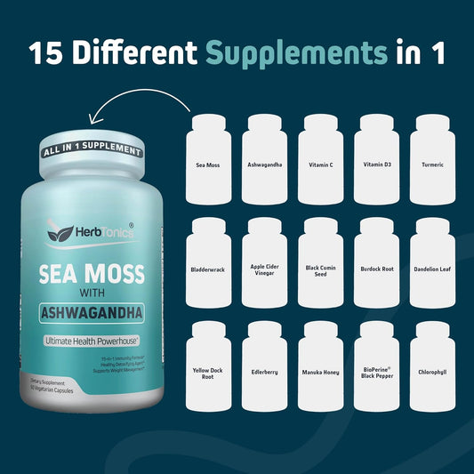 Herbtonics Sea Moss, Black Seed Oil, Ashwagandha, Burdock Root & Acv Complex | Boost Immunity, Reduce Stress, Support Digestion | All-In-One Seamoss Capsules | 60 Capsules