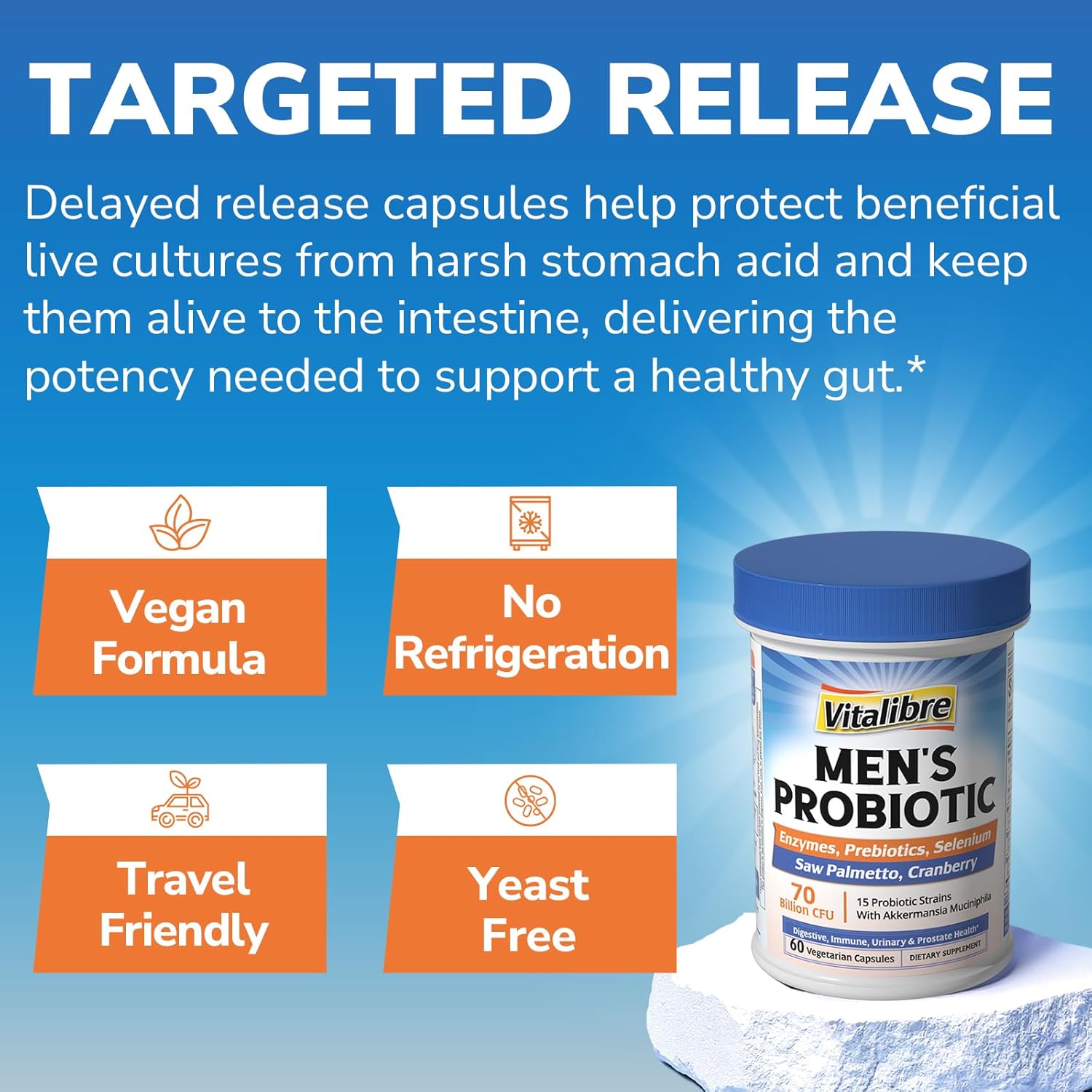 Vitalibre Probiotics For Men, 70 Billion Cfu 15 Strains, Selenium, Enzymes, Saw Palmetto, Cranberry For Digestive, Gut, Immune, Prostate & Urinary Tract Health, Shelf Stable, 60 Capsules : Health & Household