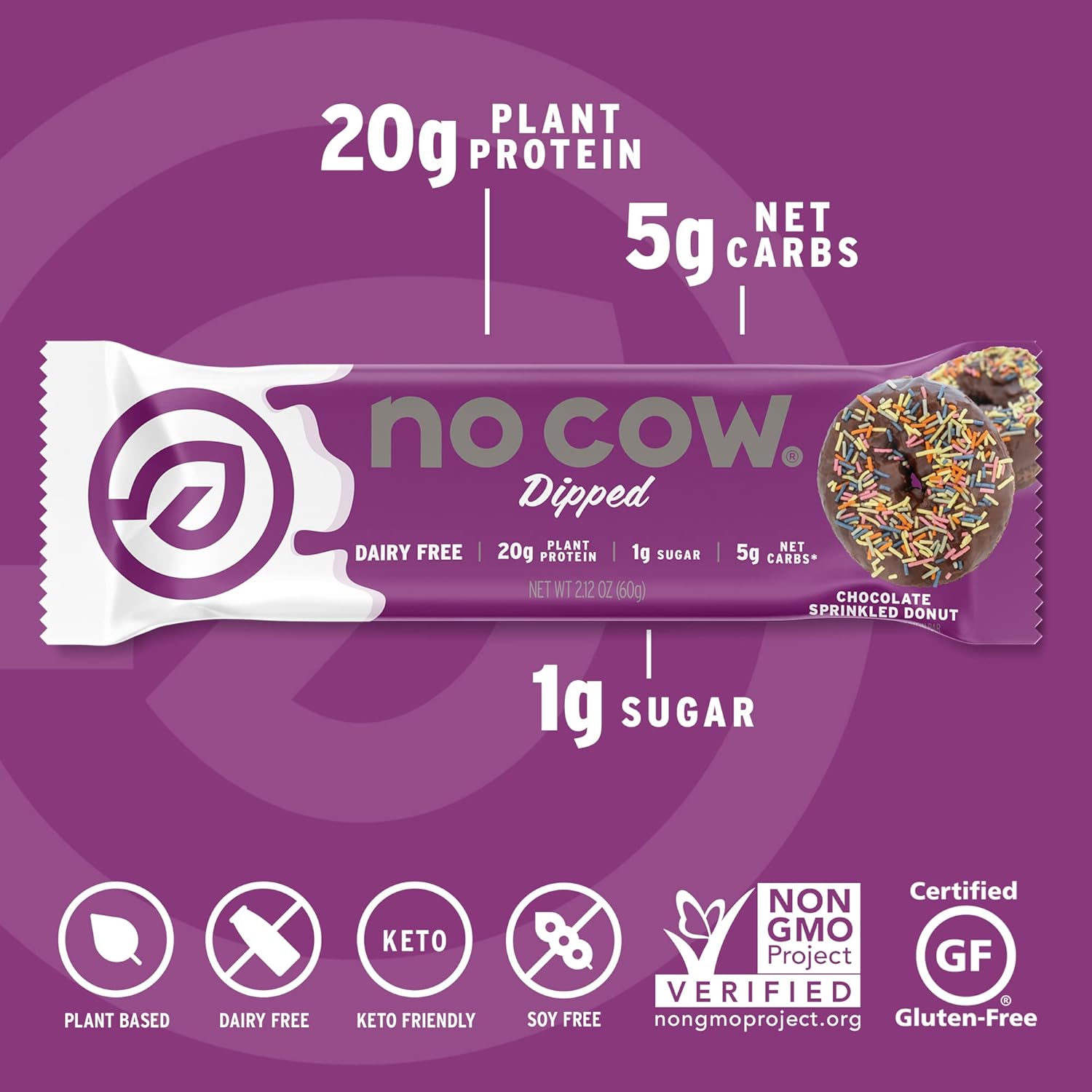 No Cow High Protein Bars, Chocolate Sprinkled Donut - Healthy Snacks, 20g Vegan Protein, High Fiber, Low Sugar, Keto Friendly, Dairy & Gluten Free (12 Count) : Health & Household